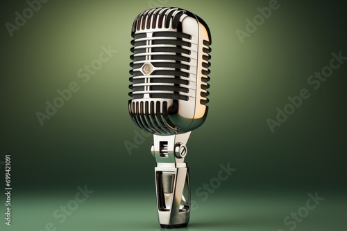 Vintage Microphone with a Chrome Finish, on an isolated Silver background, Generative AI