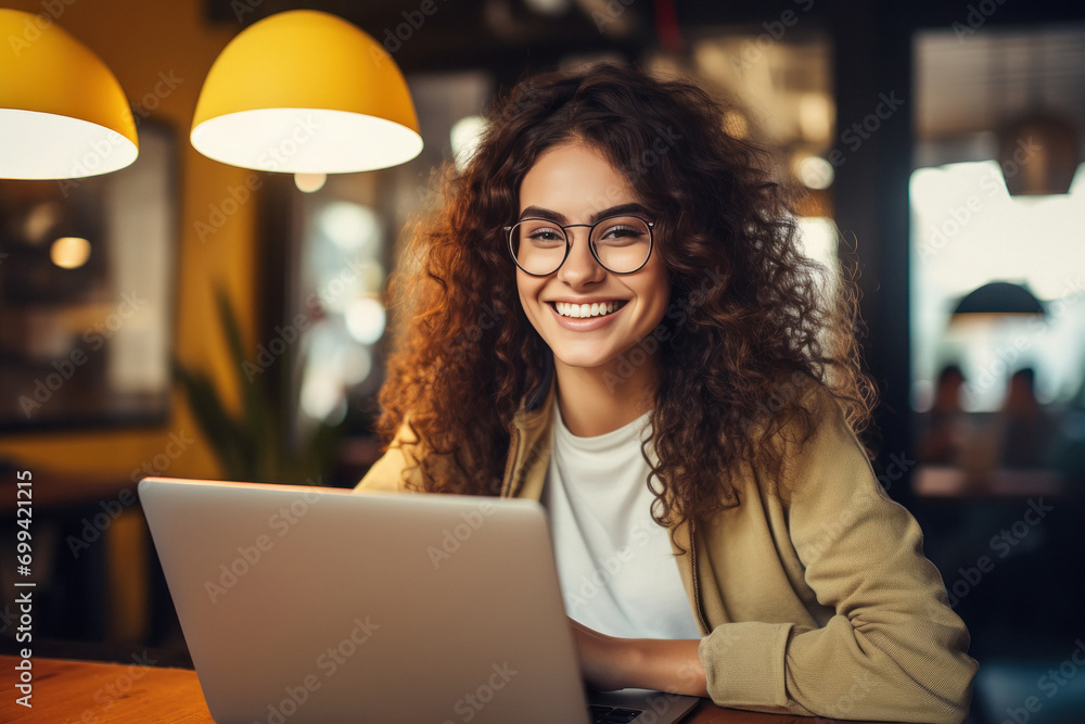 wonderful female student sitting in cafe and using laptop wonderful female student sitting in cafe and using laptop