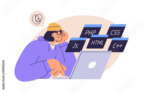 Student studying code, program. Puzzled person chooses computer language to learn. Coder, programmer education, information technology concept. Flat vector illustration isolated on white background