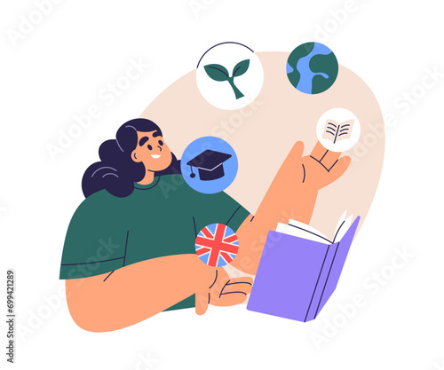 Abstract education, knowledge concept. Happy student reading book, learning information, studying with encyclopedia, textbook, literature. Flat vector illustration isolated on white background