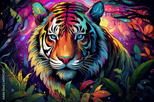 Tiger. Abstract, multicolored, neon portrait of a tiger looking forward, in the style of pop art on a neon background.