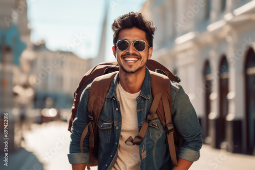 Young man traveler in sunglasses and holding backpack running © PRASANNAPIX