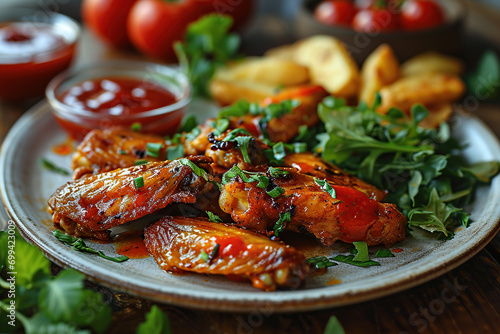 Spicy fried chicken wings on plate with copy space