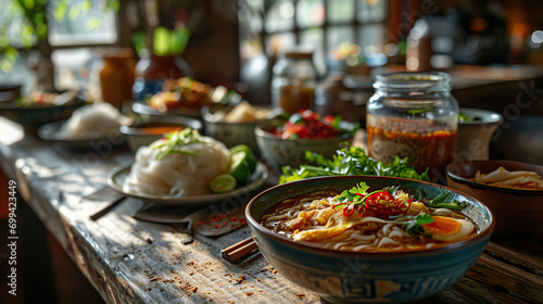 Vietnamese food. Pho ga, pho bo, noodles, spring rolls, Assorted asian dinner