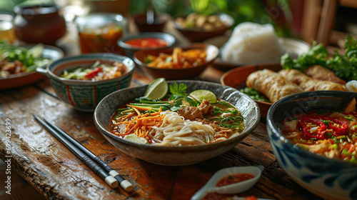 Vietnamese food. Pho ga  pho bo  noodles  spring rolls  Assorted asian dinner