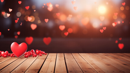 Empty old wooden table background with valentines day theme in background
