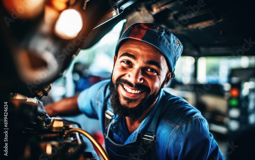 smiling auto mechanic while repair car at workshop © PRASANNAPIX