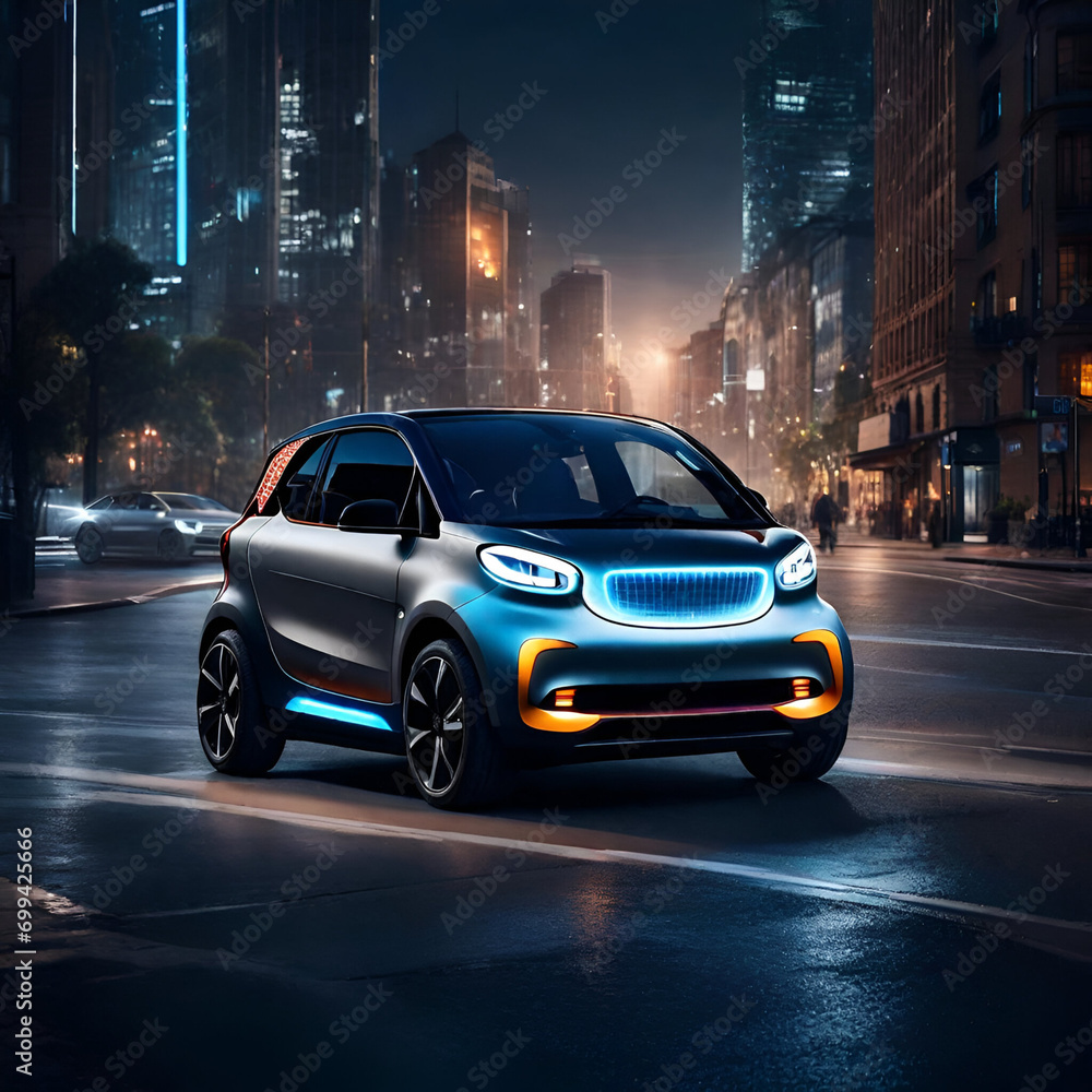 Obraz premium A stunning, high-quality nighttime scene illustrating a smart car navigating autonomously through city streets.