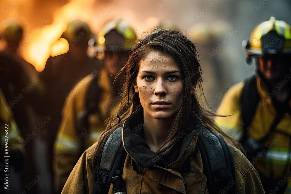 Determined female firefighter stands in front of her team, with a blaze burning in the background Determined female firefighter stands in front of her team, with a blaze burning in the background