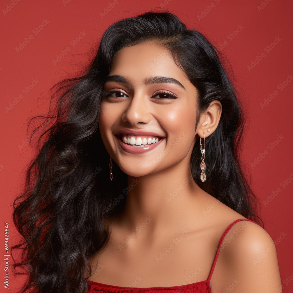 Young indian pretty girl smiling on red background. Young indian pretty girl smiling on red background.