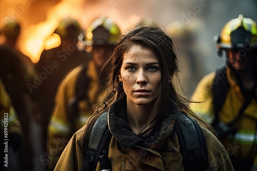 Determined female firefighter stands in front of her team, with a blaze burning in the background