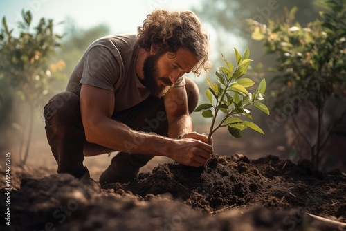 Man planting a sapling in misty afforestation effort photo