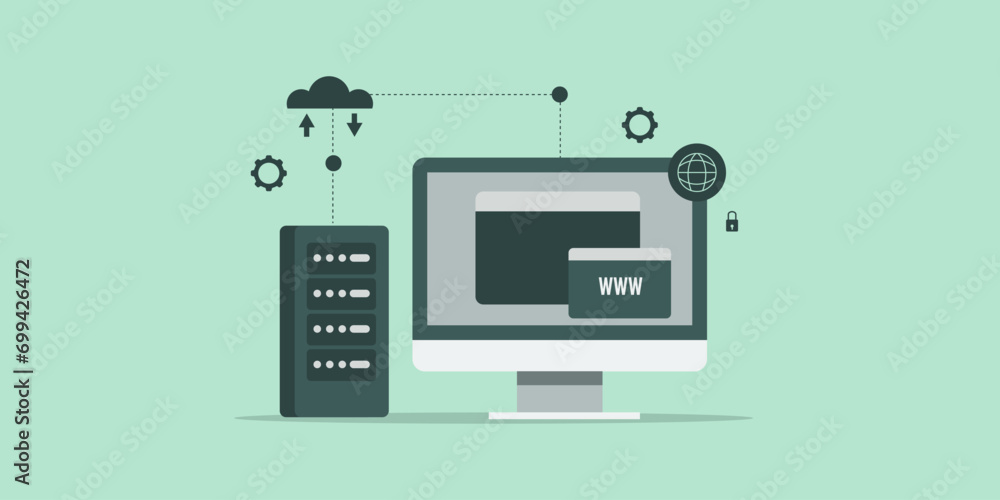 Cloud based hosting service, website and application running on internet, secure and fast response information technology concept, vector illustration web banner. Cloud based hosting service, website and application running on internet, secure and fast response information technology concept, vector illustration web banner.