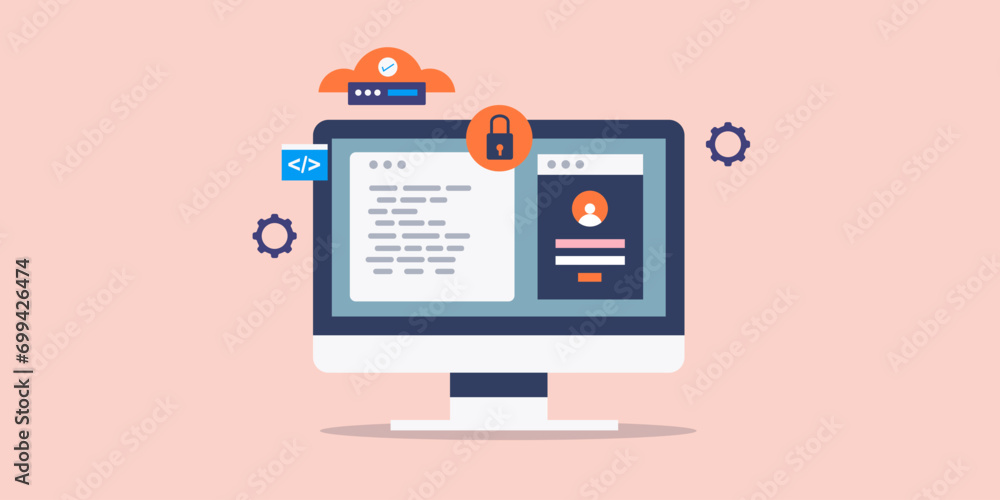 Cyber security code development, using programming language for cloud network security, encrypted data storage computer engineering information technology concept, vector illustration. Cyber security code development, using programming language for cloud network security, encrypted data storage computer engineering information technology concept, vector illustration.