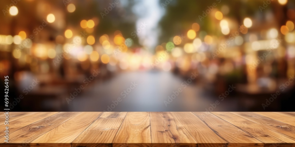The empty wooden table top with blur background of street in downtown business district with people walking. Exuberant image. generative AI - obrazy, fototapety, plakaty 