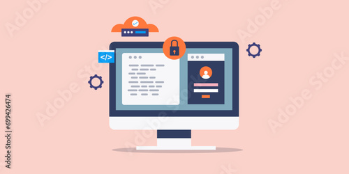 Cyber security code development, using programming language for cloud network security, encrypted data storage computer engineering information technology concept, vector illustration.