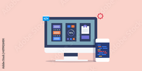 Mobile app ui ux design layout interface prototype on computer display, web development code on smartphone screen. Vector illustration banner.