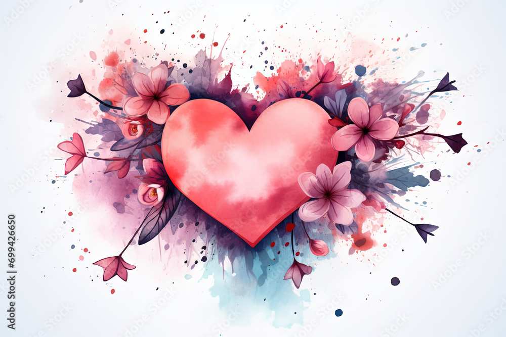 Watercolor Heart Shape Love with Flowers, Grange Texture for Happy Valentine's Day. Perfect for T-Shirt, Banner, and Poster Design