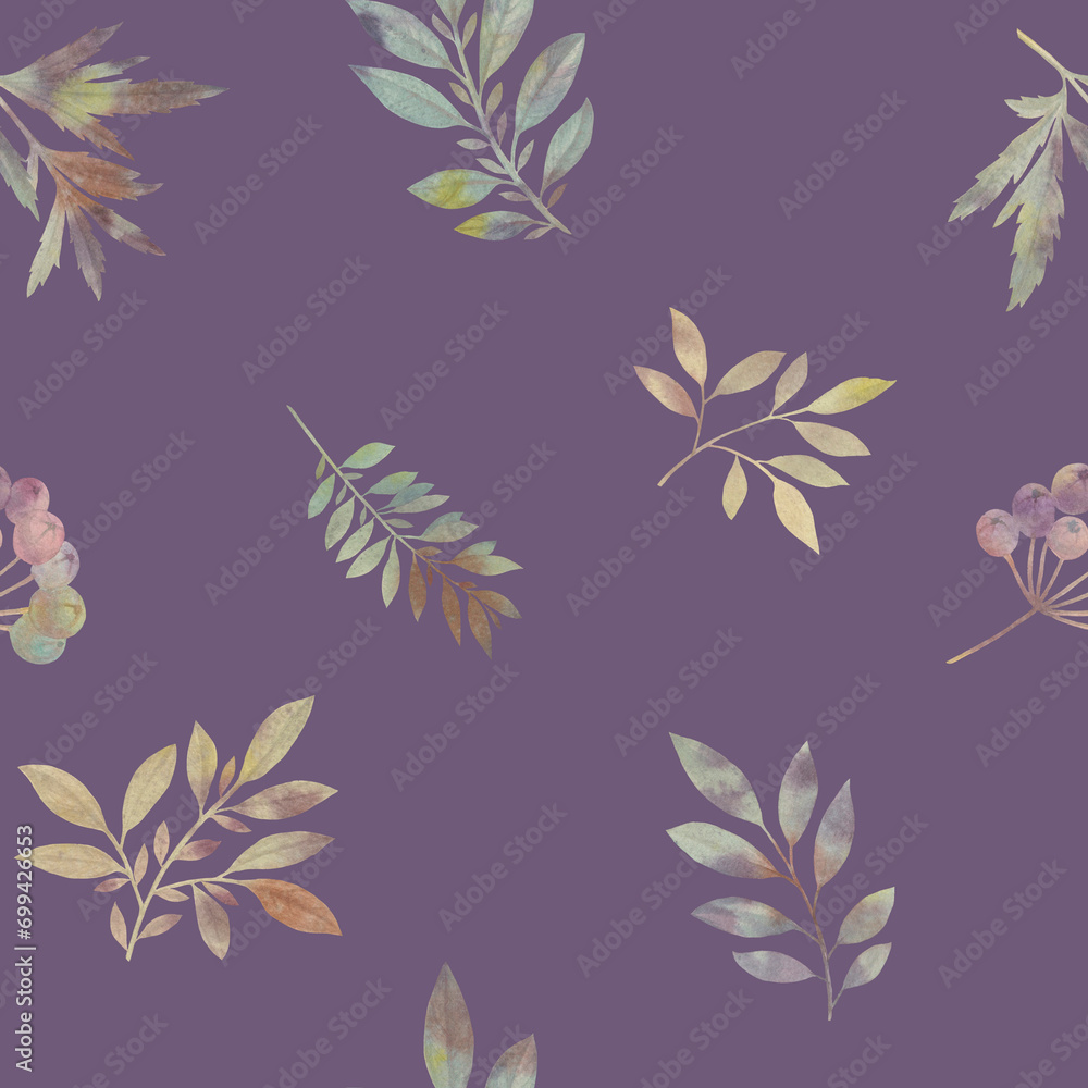 Obraz premium Bright colorful leaves drawn in watercolor on a light purple background, seamless botanical pattern