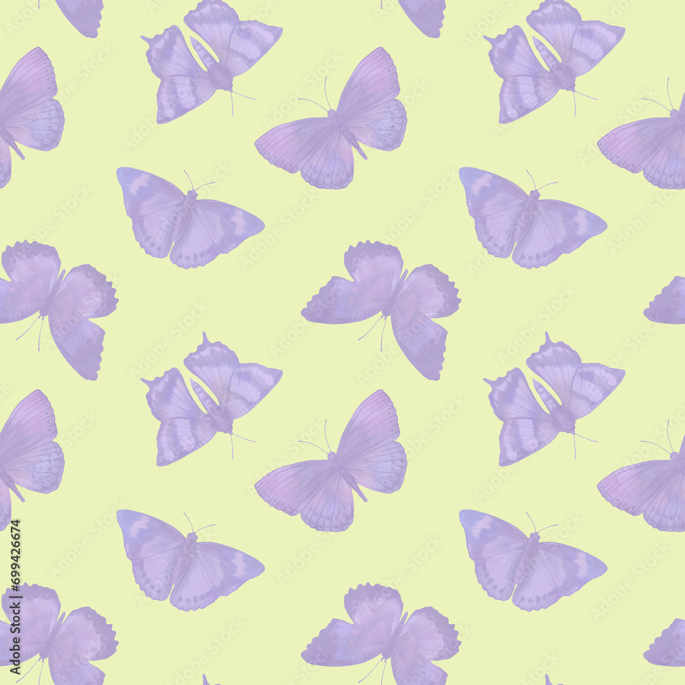 seamless pattern, lilac butterflies on a light yellow background, illustration of flying butterflies for wallpaper