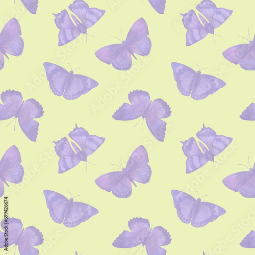 seamless pattern, lilac butterflies on a light yellow background, illustration of flying butterflies for wallpaper