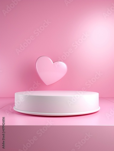 White pedestal or podium display with pink fabric platform on valentines concept background. Blank cosmetic shelf stand for showing product. 3D rendering. copy space - generative ai