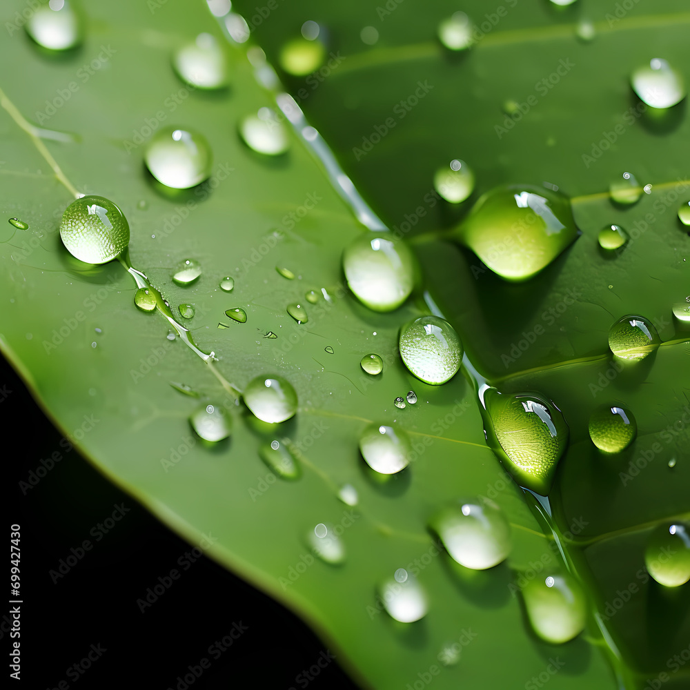 acro shot of water droplets on a leaf.
