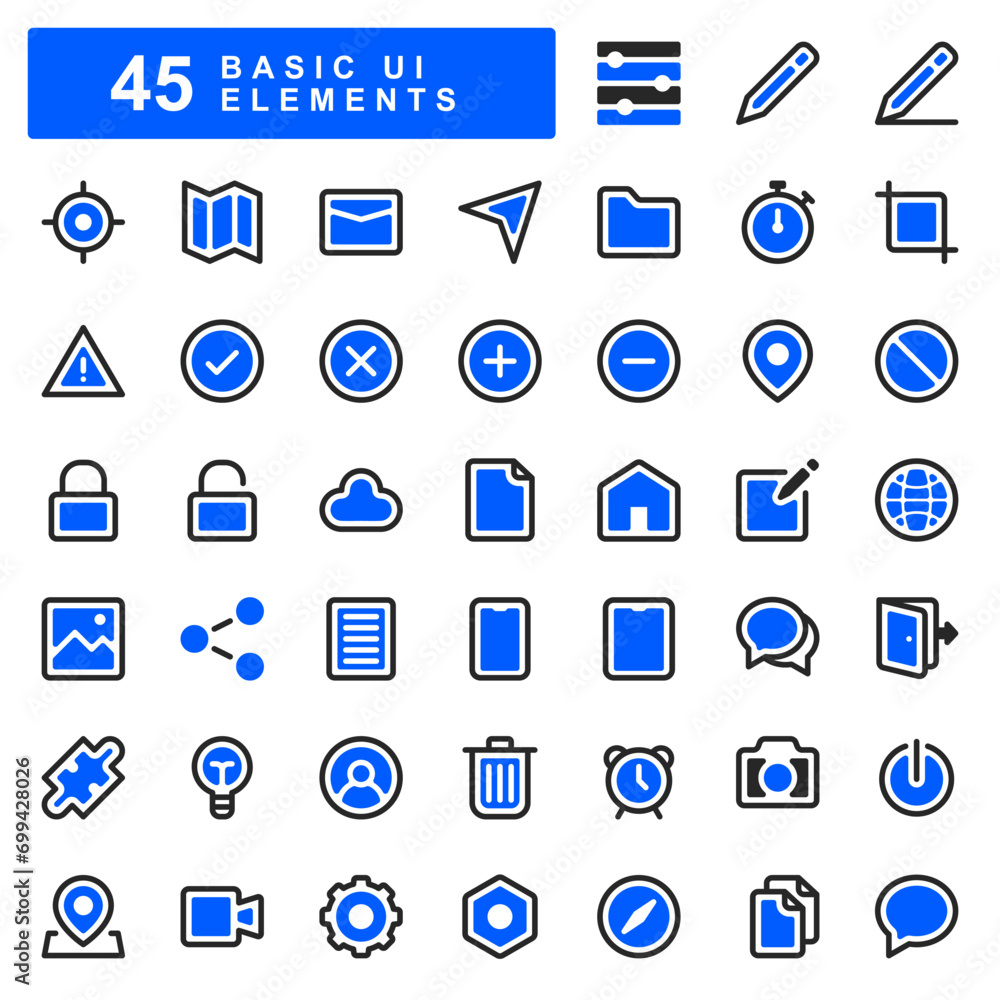 45 basic UI element icons in blue fill style, including home, app buttons, maps, time, share and more. Suitable for UI UX design needs, advertising, applications and social media. 45 basic UI element icons in blue fill style, including home, app buttons, maps, time, share and more. Suitable for UI UX design needs, advertising, applications and social media.