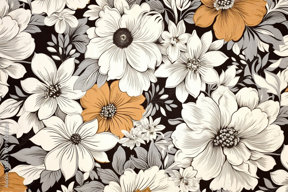 A mid-century modern floral fabric pattern featuring sophisticated flowers in a neutral color palette, captured in high definition with intricate details.