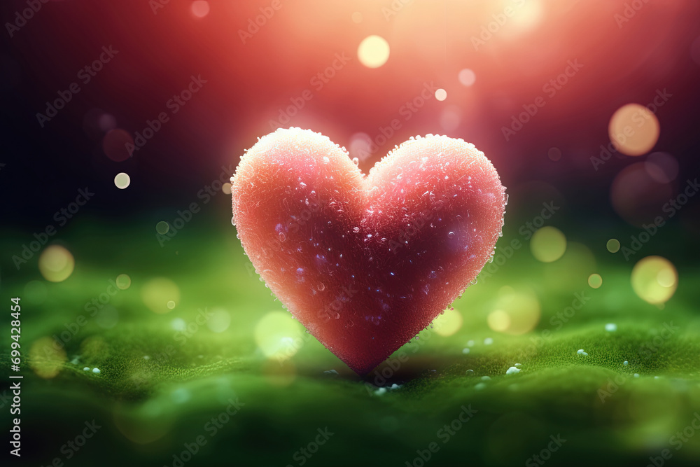 Obraz premium 3D Red Heart Shape Love Neon Lighting Glowing on Colorful Silent Blur Bokeh Background, Sparkle Sunlight Glitter Morning Sunrise. Colorful Backdrop for Valentine's Day