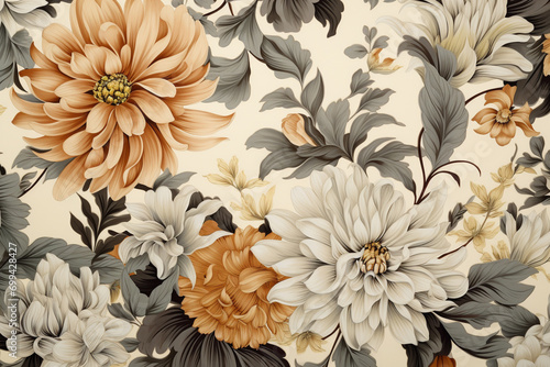 A realistic depiction of a mid-century modern floral fabric pattern, with detailed HD photography capturing the subtleties of neutral tones and intricate flower designs.