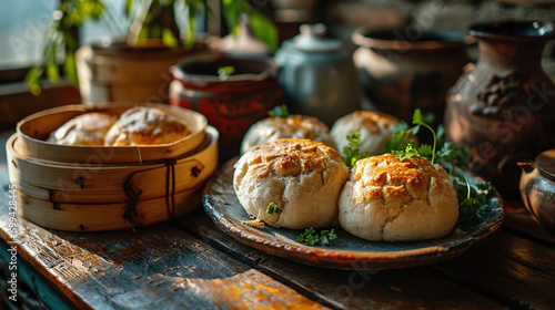 Vietnamese food, Asia food Steamed Pork Bun, made from pork and flour, called "banh bao" © Morng