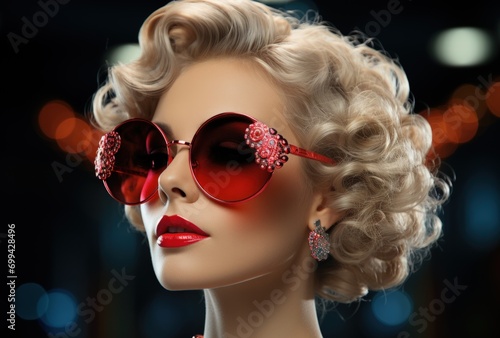 Fashionable Blonde Mannequin with Round Sunglasses and Red Lipstick