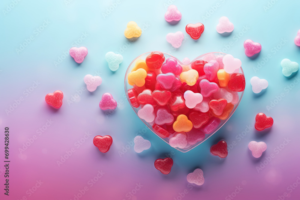 Colorful Heart-Shaped Love Candy Arrangement on Bright Blue Background, Perfect for Valentine's Day