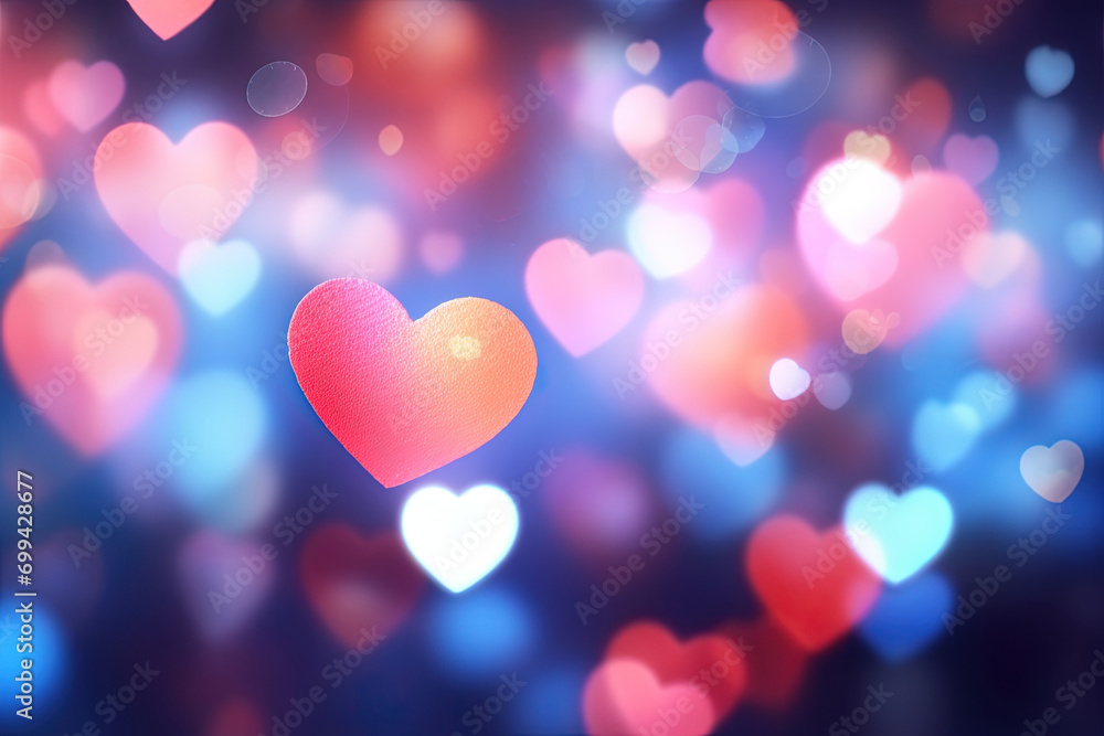 Colorful Heart Shape Love Glowing Garland on Blurred Bokeh St. Valentine's Day Background