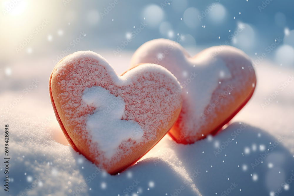 Fototapeta premium Pink Heart Shape Love on White Snow, Christmas Cookies Winter Landscape with Snowfall Background for Valentine's Day