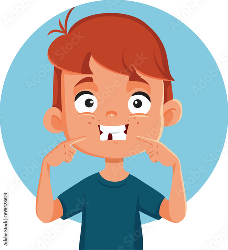 Little Boy Losing his Tooth Vector Cartoon illustration. Kid missing a primary tooth feeling cheerful 
