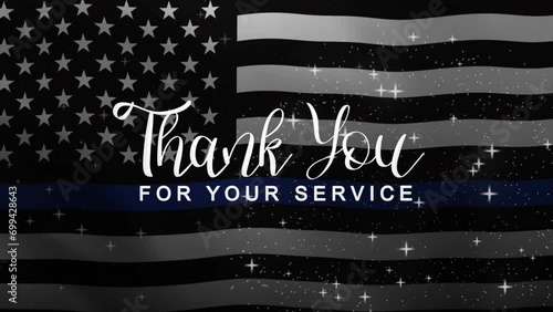 Thank you Lettering Text Animation with American Police Flag background. Celebrate National Law Enforcement Appreciation Day on 9th of January. Great for celebrating Appreciation Day. photo
