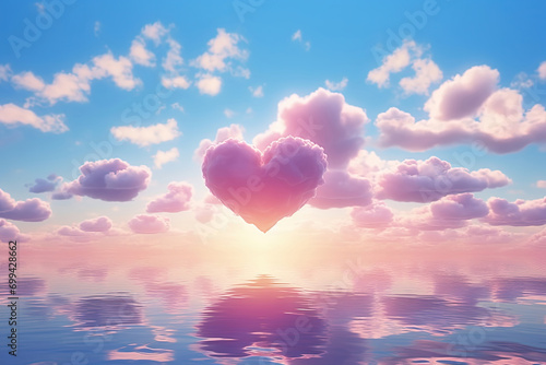 Pink Heart Shaped Clouds of Love with Reflection on the Water Valentine\'s Day Background