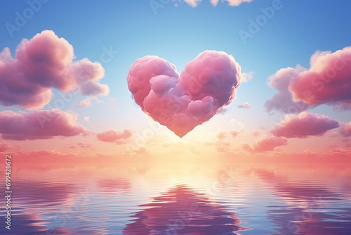 Pink Heart Shaped Clouds of Love with Reflection on the Water Valentine\'s Day Background