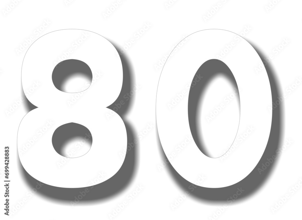 Number 80 3d white color on transparent background for design elements Number 80 3d white color on transparent background for design elements