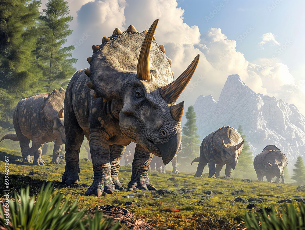 Fototapeta premium Herd of triceratops dinosaurs
