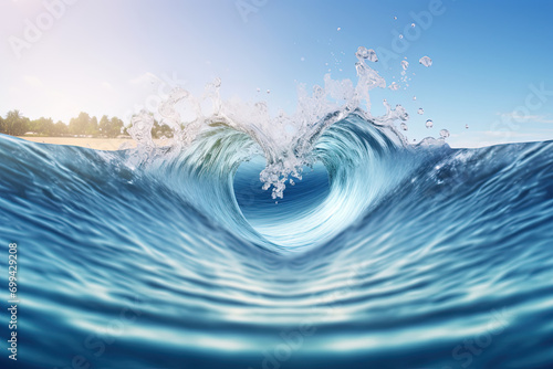 3D Heart Shape Wave in the Light Blue Sea Ripples. Perfect for Valentine's Day Seascapes Background