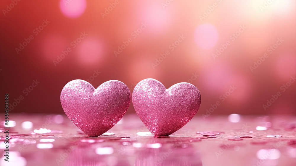Two Hearts Glowing on Table in Pink Glitter with Shiny Bokeh Background. Ideal for Valentine's Day, Mother's Day, Birthday, Christmas, Wedding, Holiday, Friendship Day. Banner or Poster Design