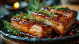 Grilled pork belly on black table with background