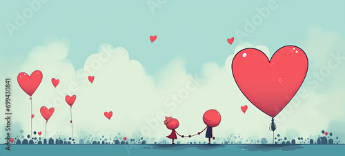 Red Hearts Helium Balloons on Couple's Hands. Beautiful Landscape Illustration for Valentine's Day Celebration, Greeting Card, banner or poster