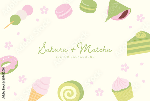 vector background with Sakura and Matcha sweets for banners, cards, flyers, social media wallpapers, etc.