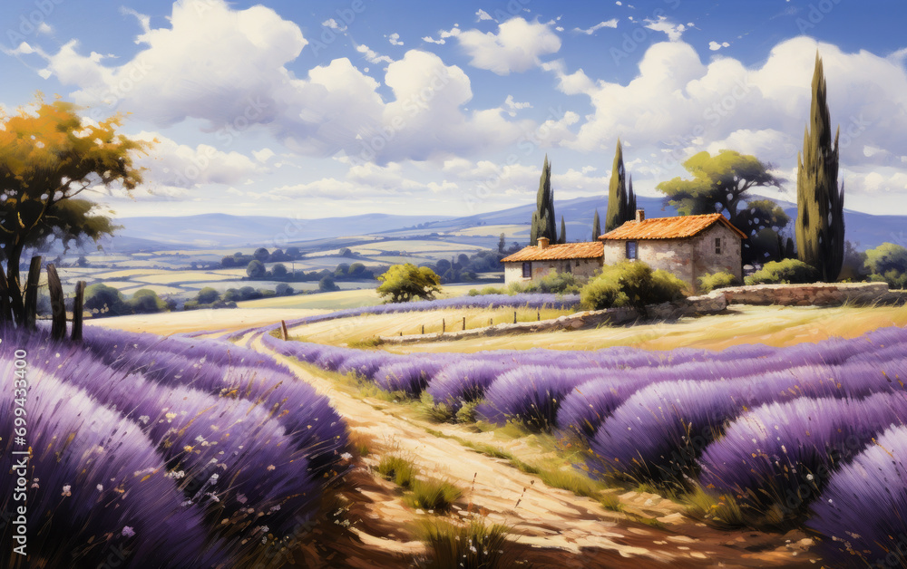 Idyllic landscape painting of a rustic countryside home amidst lavender fields, with cypress trees and rolling hills under a sunny sky - obrazy, fototapety, plakaty 