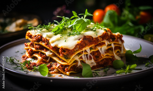Homemade traditional Italian lasagna on a plate garnished with fresh herbs, ready to be served for a hearty meal
