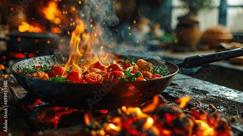 Freeze Motion of Wok Pan with Flying Ingredients in the Air and Fire Flames photo